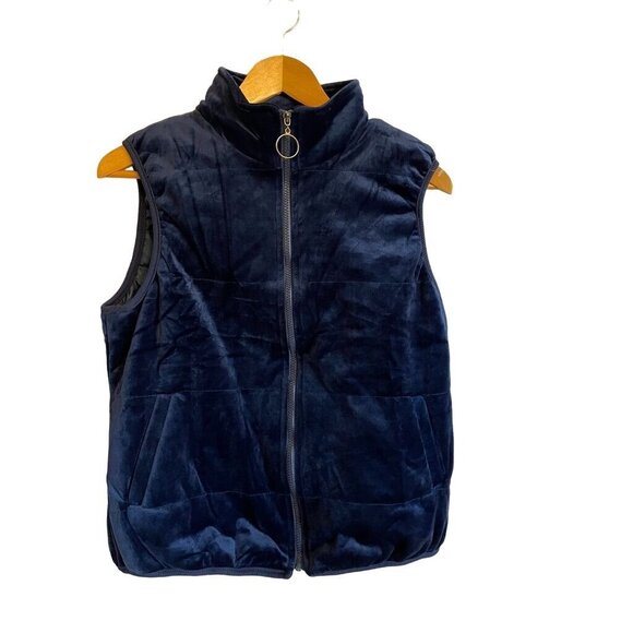 Simply Vera Vera Wang Women's M Quilted Navy Velvet Vest Zip-Up pockets Coat - Picture 1 of 3